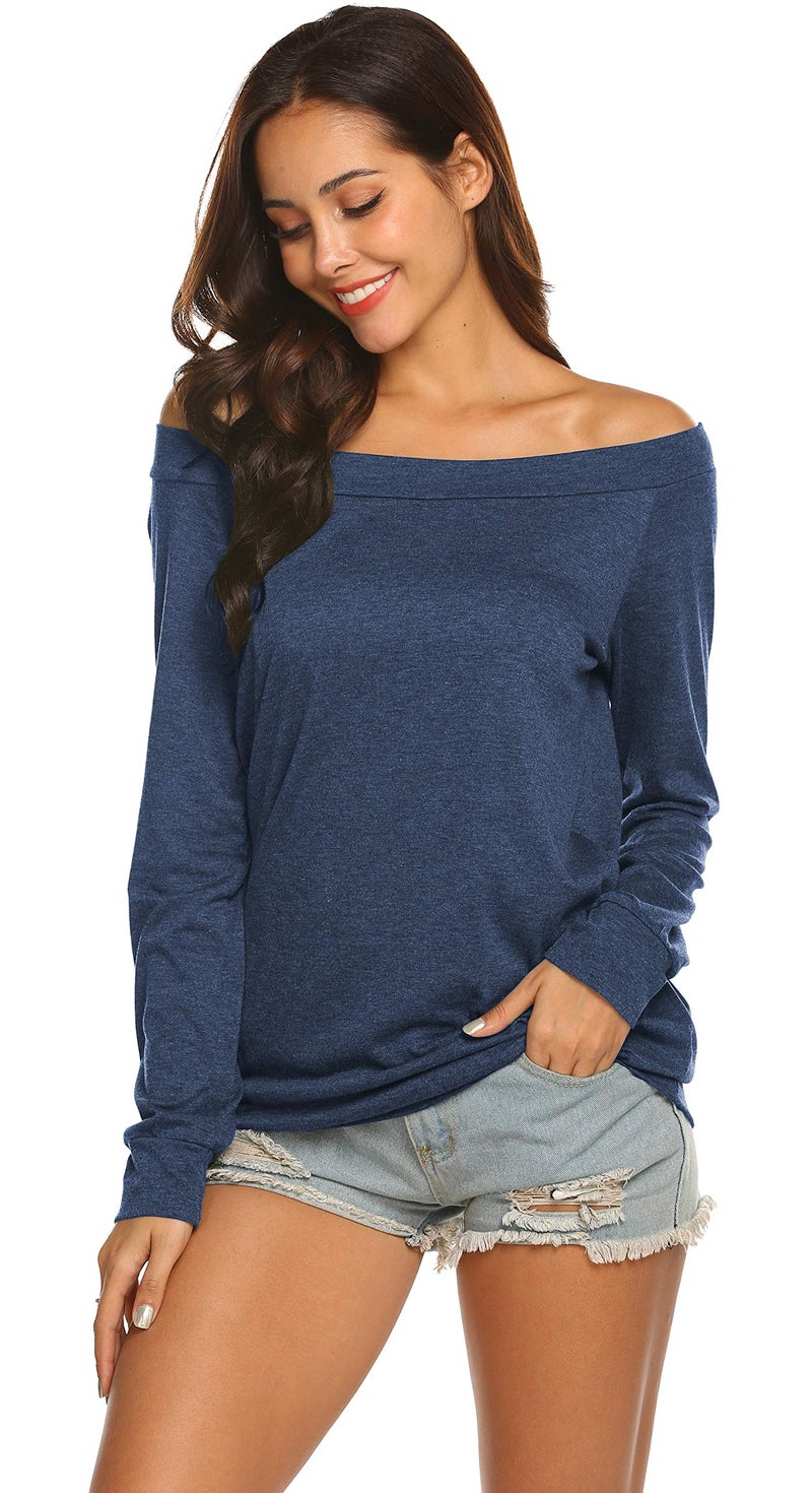 Halife Off Shoulder Blouse Long Sleeve T Shirt Women Casual Sexy (M, Dark Blue) - Image 4